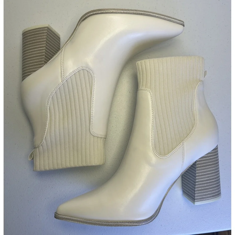 Coutgo Womens Sock Ankle Boots Size 9.5 White Pointed Toe Chunky Block Heel‎ NIB